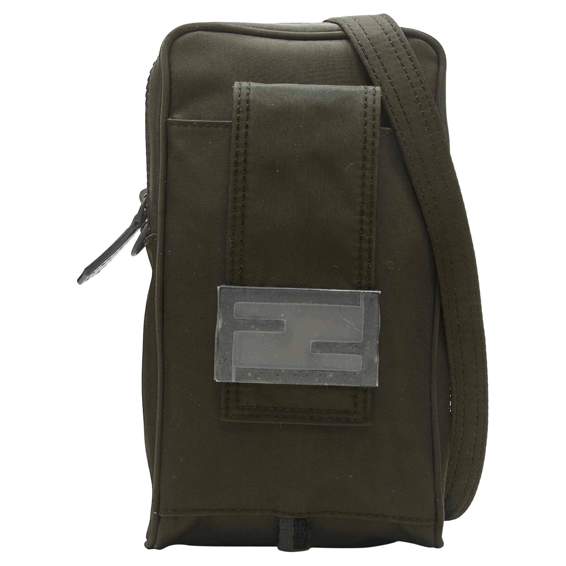 new FENDI KIM JONES 2022 dark green nylon FF Vertical Baguette crossbody bag For Sale