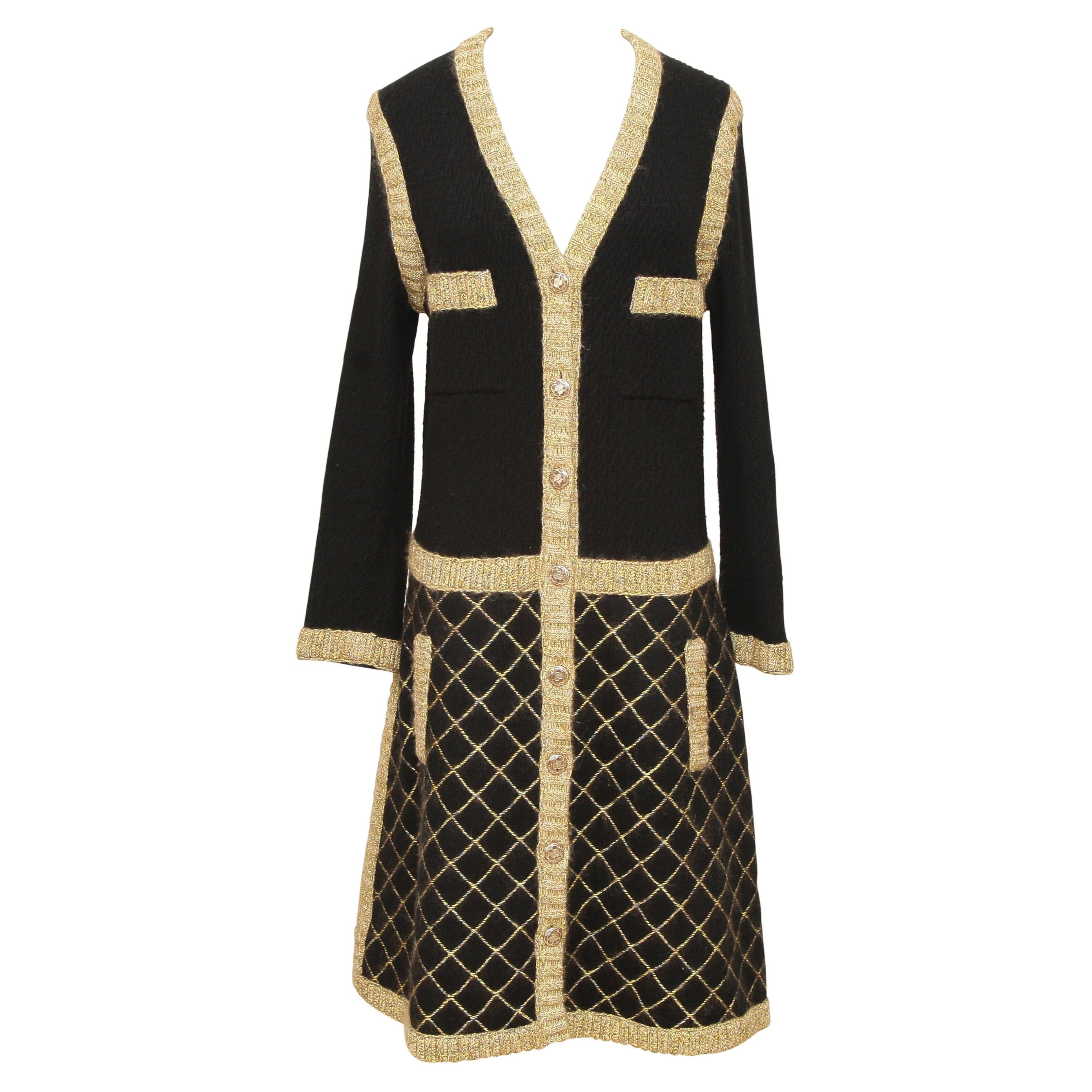 CHANEL Dress Knit Sweater Black Gold Camellia Long Sleeve Cashmere Sz 42 2015