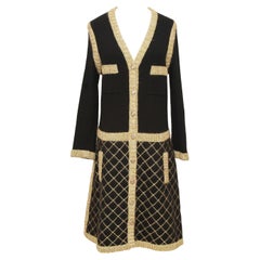 CHANEL Dress Knit Sweater Black Gold Camellia Long Sleeve Cashmere Sz 42 2015