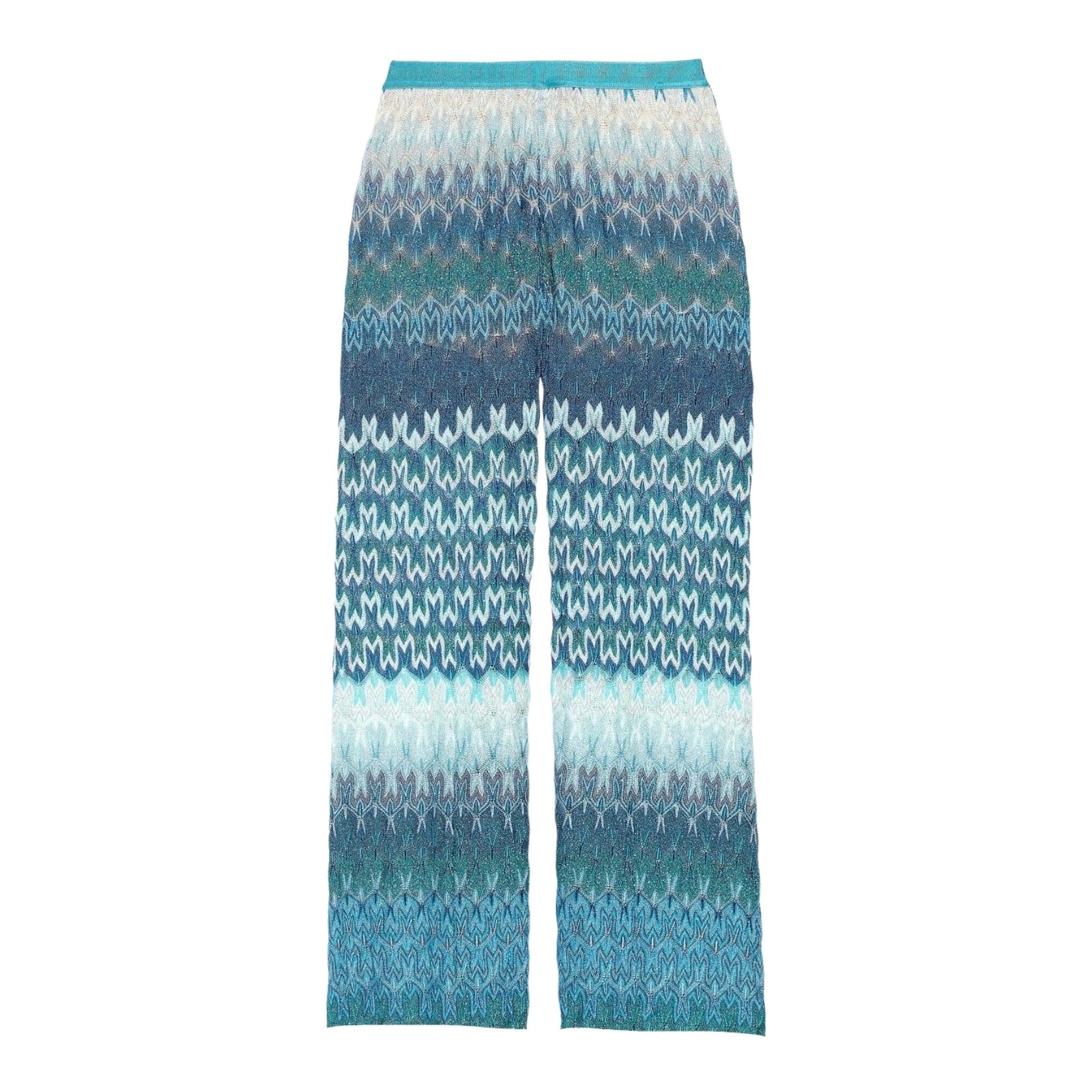 MISSONI Pantalon Palazzo Signature zigzag à jambes larges en maille crochetée bleue 42 en vente