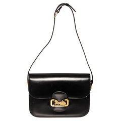 Celine Vintage Schwarz Leder Pferdewagen Box Umhängetasche