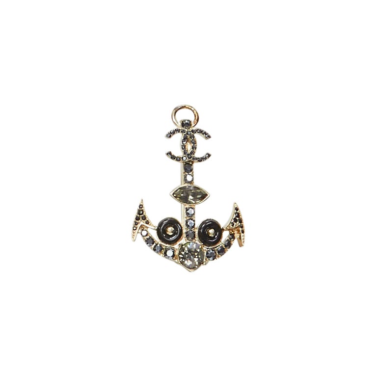 CHANEL Sailor Anchor navy black crystal rhinestone CC pin brooch For Sale
