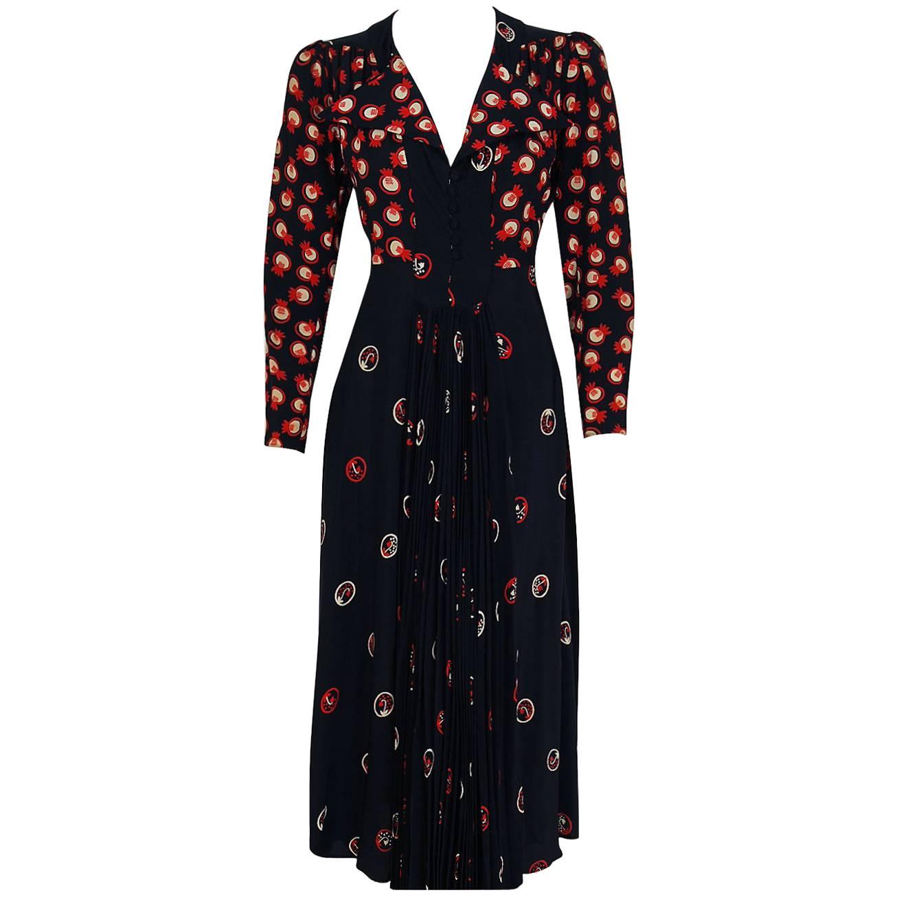 1974 Ossie Clark Black & Red Celia Birtwell Novelty Print Rayon Pleated Dress