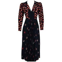 Vintage 1974 Ossie Clark Black & Red Celia Birtwell Novelty Print Rayon Pleated Dress