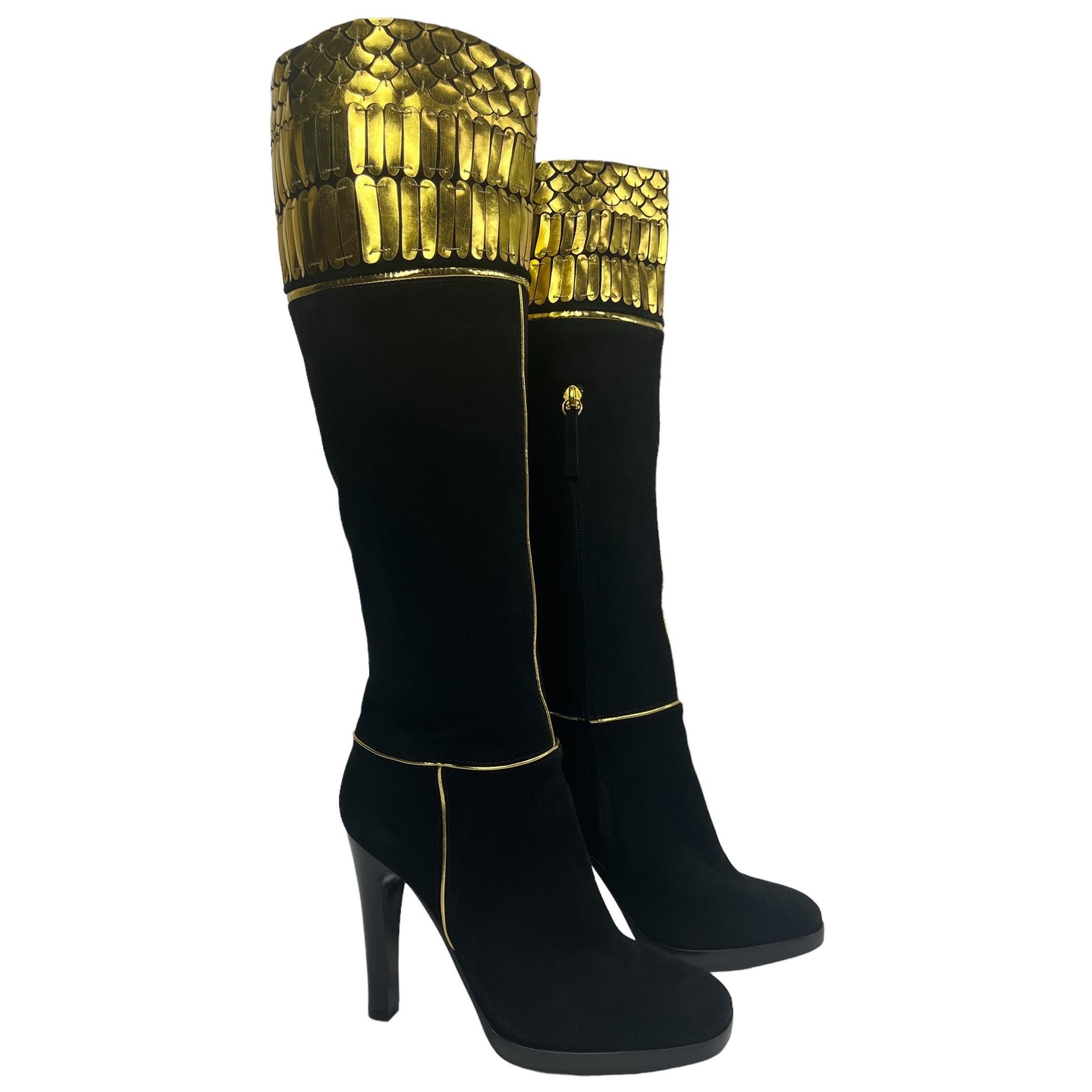 New Roberto Cavalli Black Suede Leather Knee Length Boots Gold Detail 38.5 & 41 For Sale