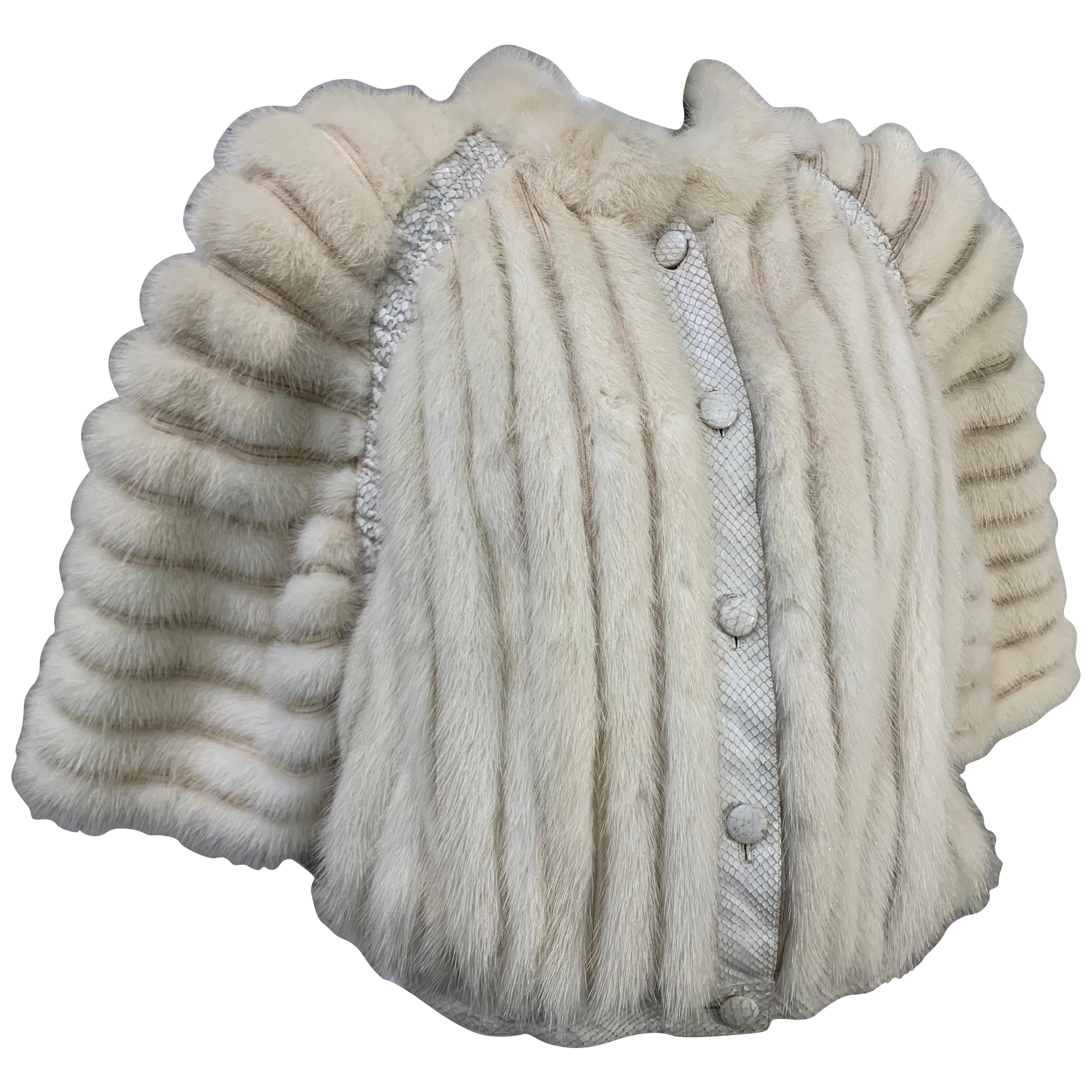 1980 Hettabretz Cropped Jacket Of White Mink Wool Knit & Snakeskin Trim 