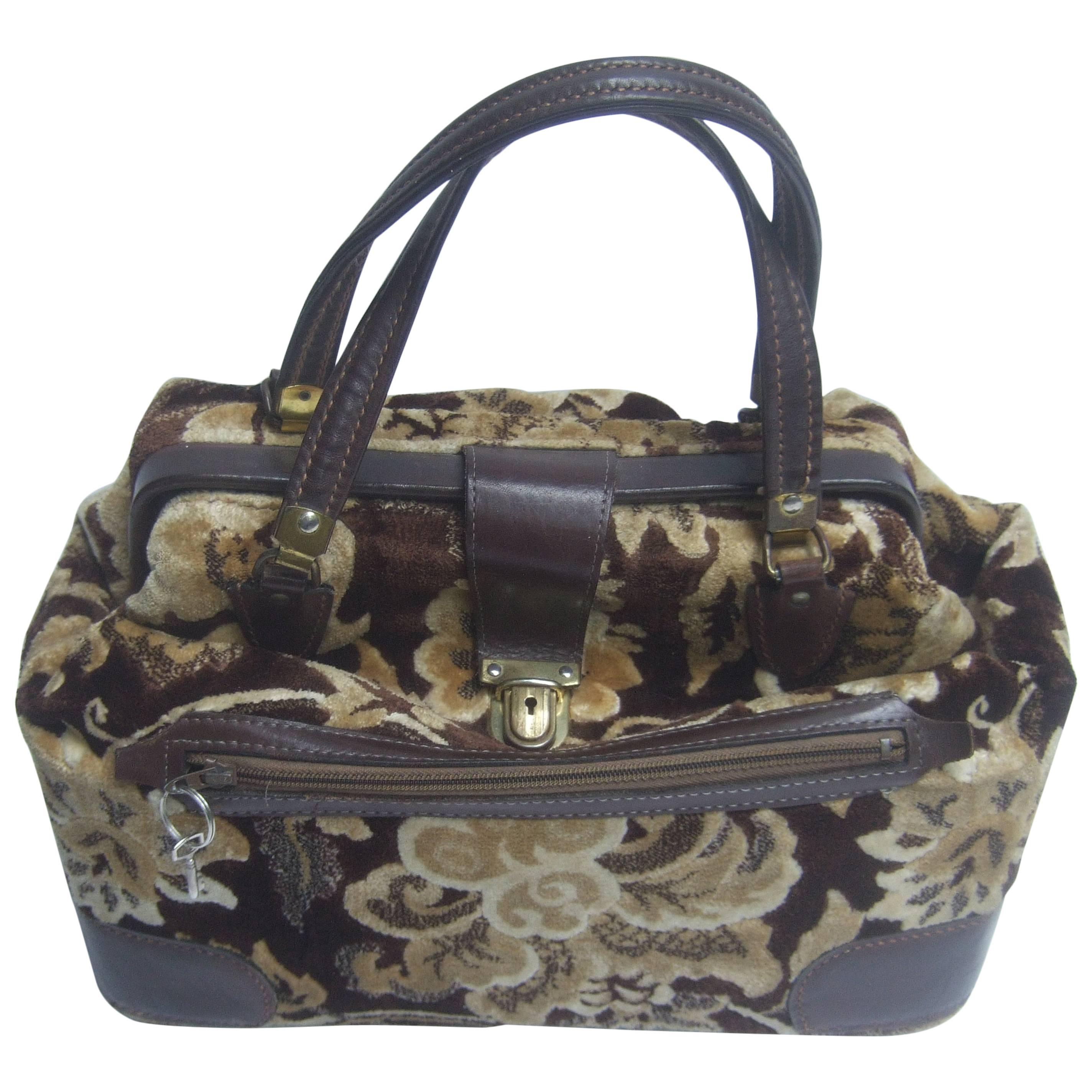 Stylish Brocade Leather Trim Travel Bag c 1970 For Sale