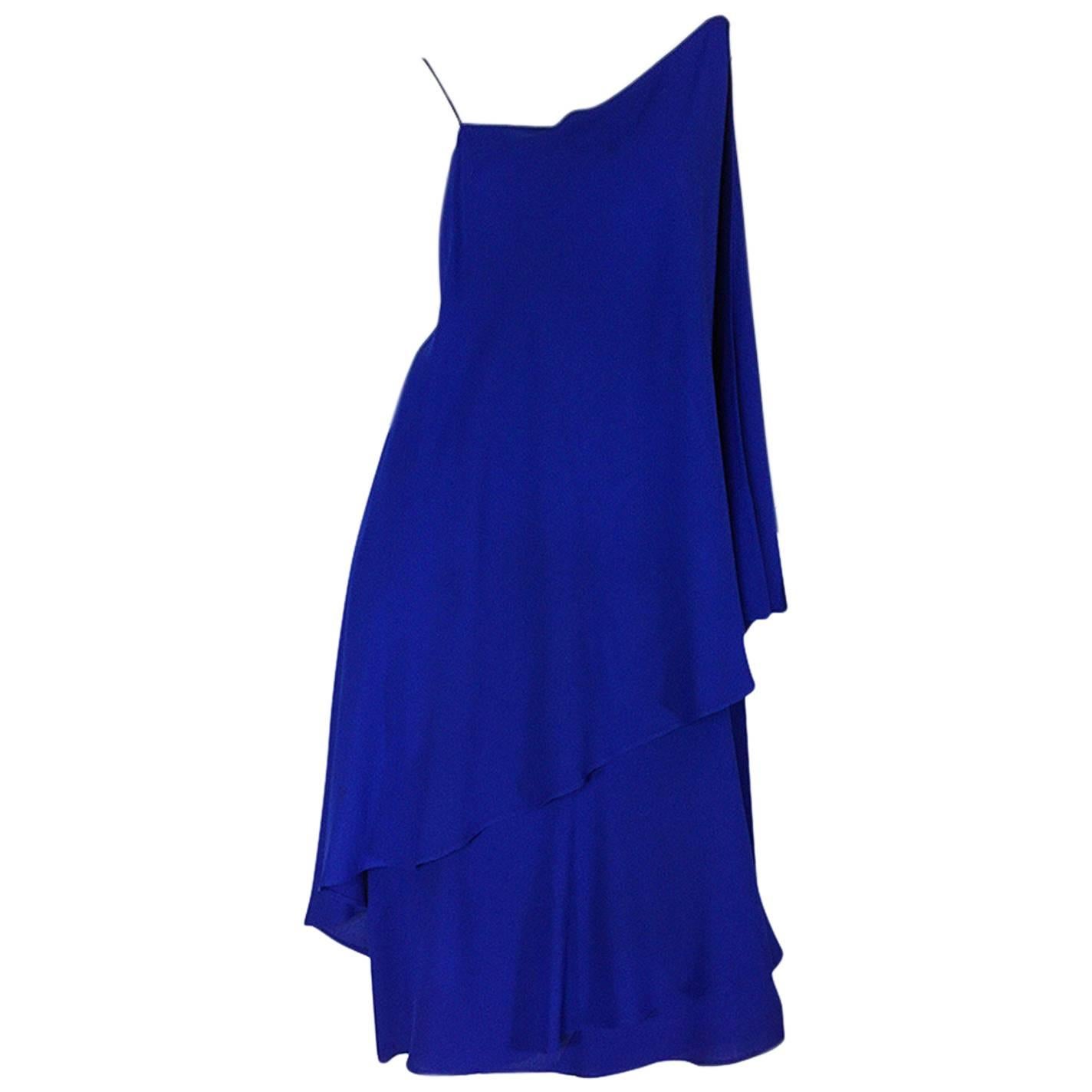 1980-82 Ruffled Halston Spiral Dress in Royal Blue Silk