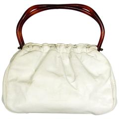 Morris Moskowitz White Leather Handbag with Hinged Lucite Handles 1960s 