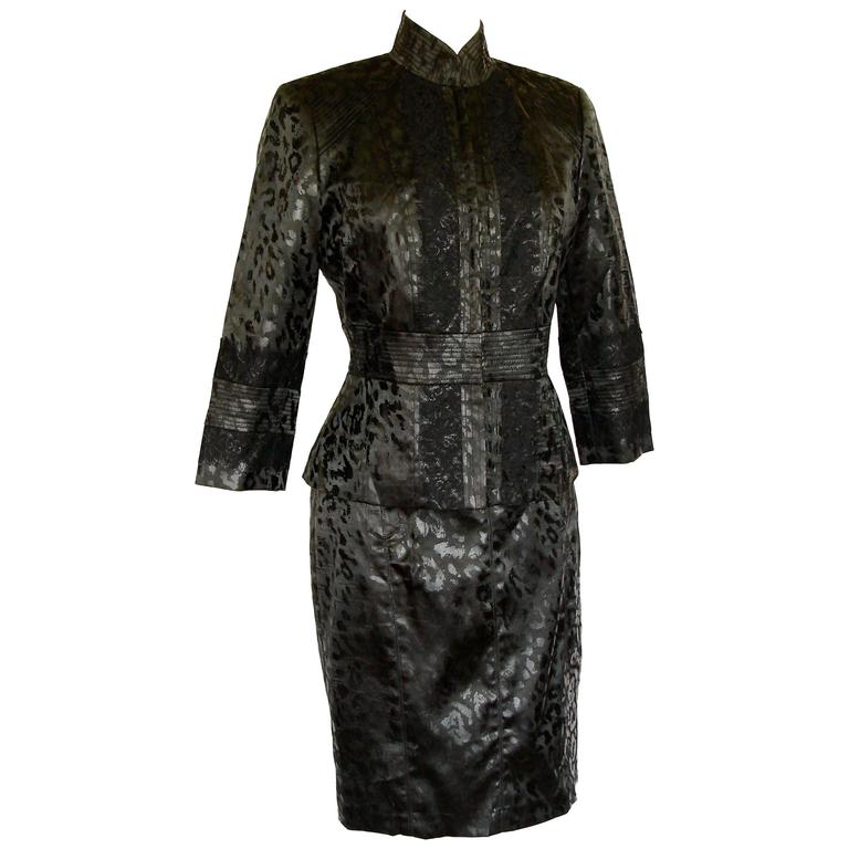 Alberto Makali Black Leopard Print + Lace Oriental Jacket + Skirt Suit ...