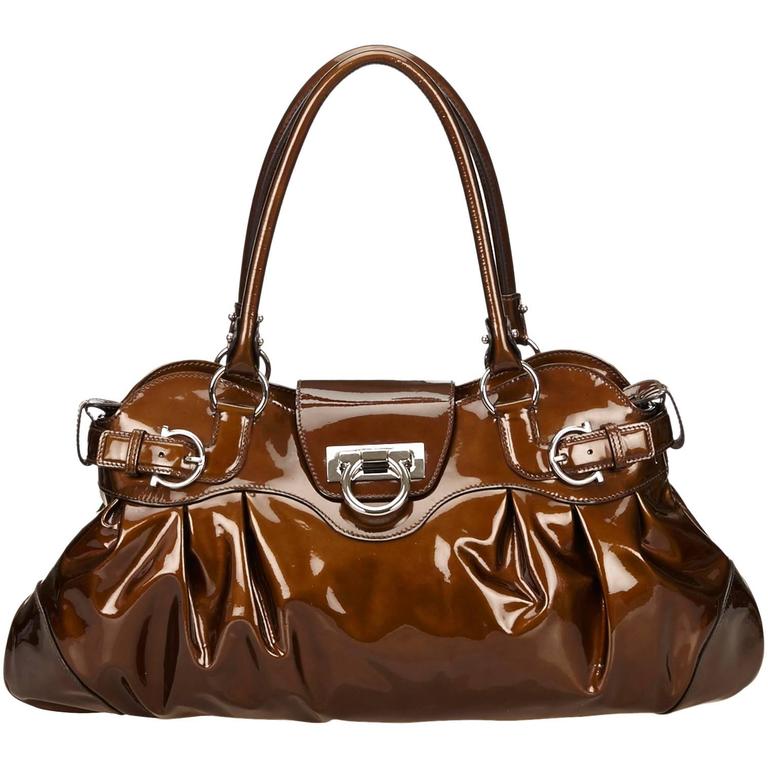 Ferragamo Brown Patent Leather Gancini Shoulder Bag For Sale at 1stdibs