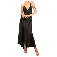 Vintage black satin silk lace plunging backless night gown slip maxi dress M