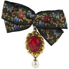 Vintage Ungaro Paris Signed Pin Brooch Huge Fabric Bow-tie Red Rhinestone