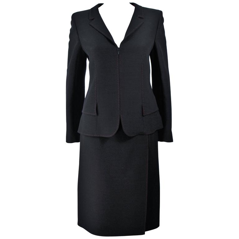VALENTINO Provenance Betsy Bloomingdale Black Skirt Suit Red Topstitch Size 6 8 For Sale at 1stdibs