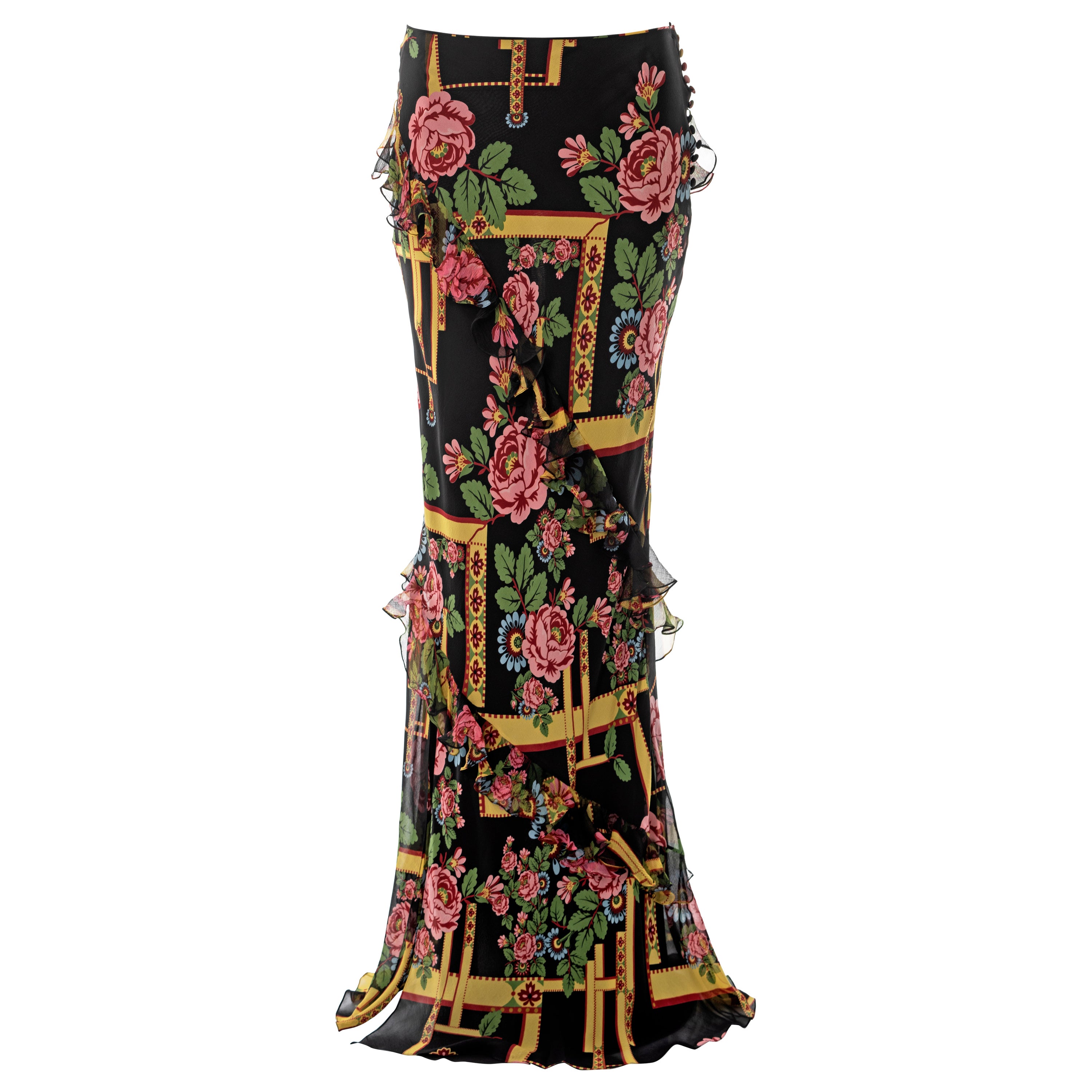 Jupe longue en soie coupée en biais avec imprimé floral John Galliano, A/H 2004 en vente
