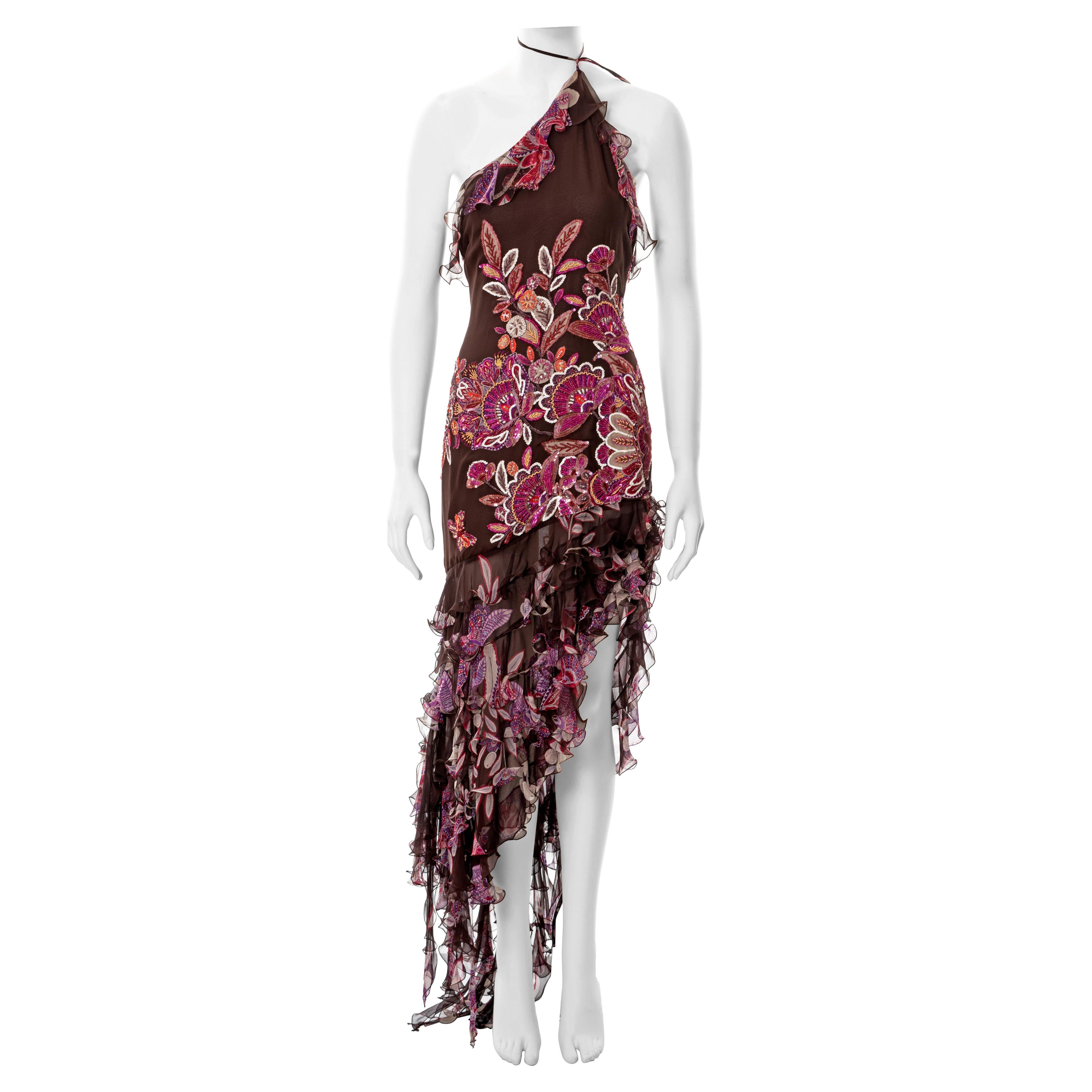 Emanuel Ungaro beaded burgundy silk halter neck evening dress, ss 2003 For Sale