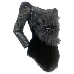 Used Torso Vintages Black Velvet & Sequin Formal Playsuit w Organza & Lace Corsage