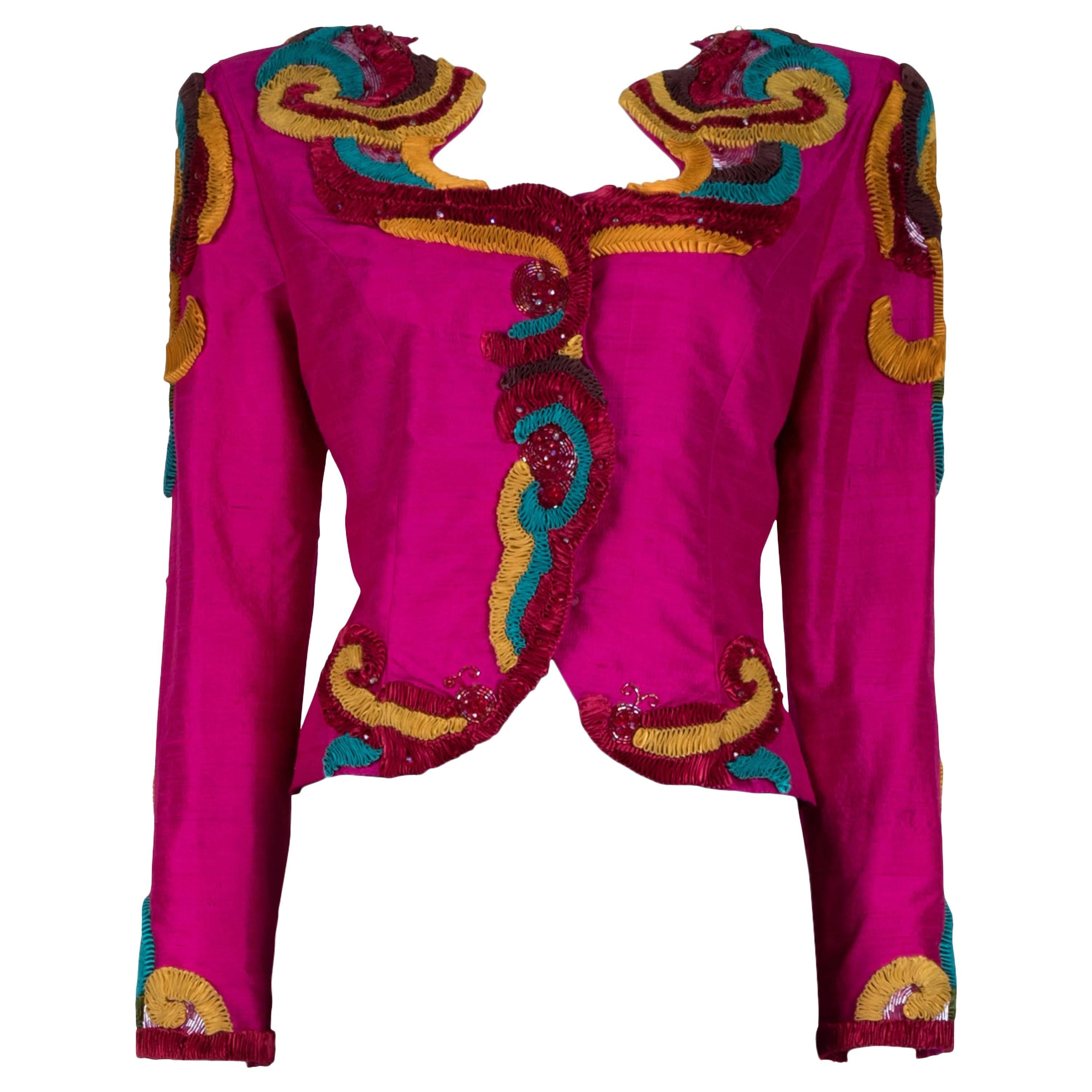 1980's Victor Costa Silk Embellished Jacket   For Sale