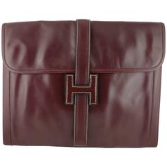 Hermes Vintage 1975 Jige Bordeaux Box Leather Clutch GM Size 10
