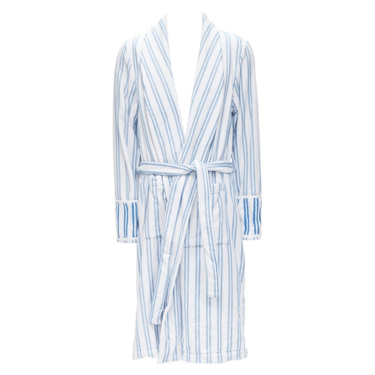 BALENCIAGA Demna Resort blue white striped belted bathrobe coat FR42 L  Rihanna For Sale at 1stDibs