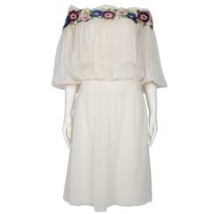 1980's Christian Dior Ivory Chiffon Dress with Floral Beaded Collar