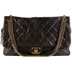 2012 Chanel Khaki Quilted Crumpled Grained Calfskin Maxi Shiva Flap Bag