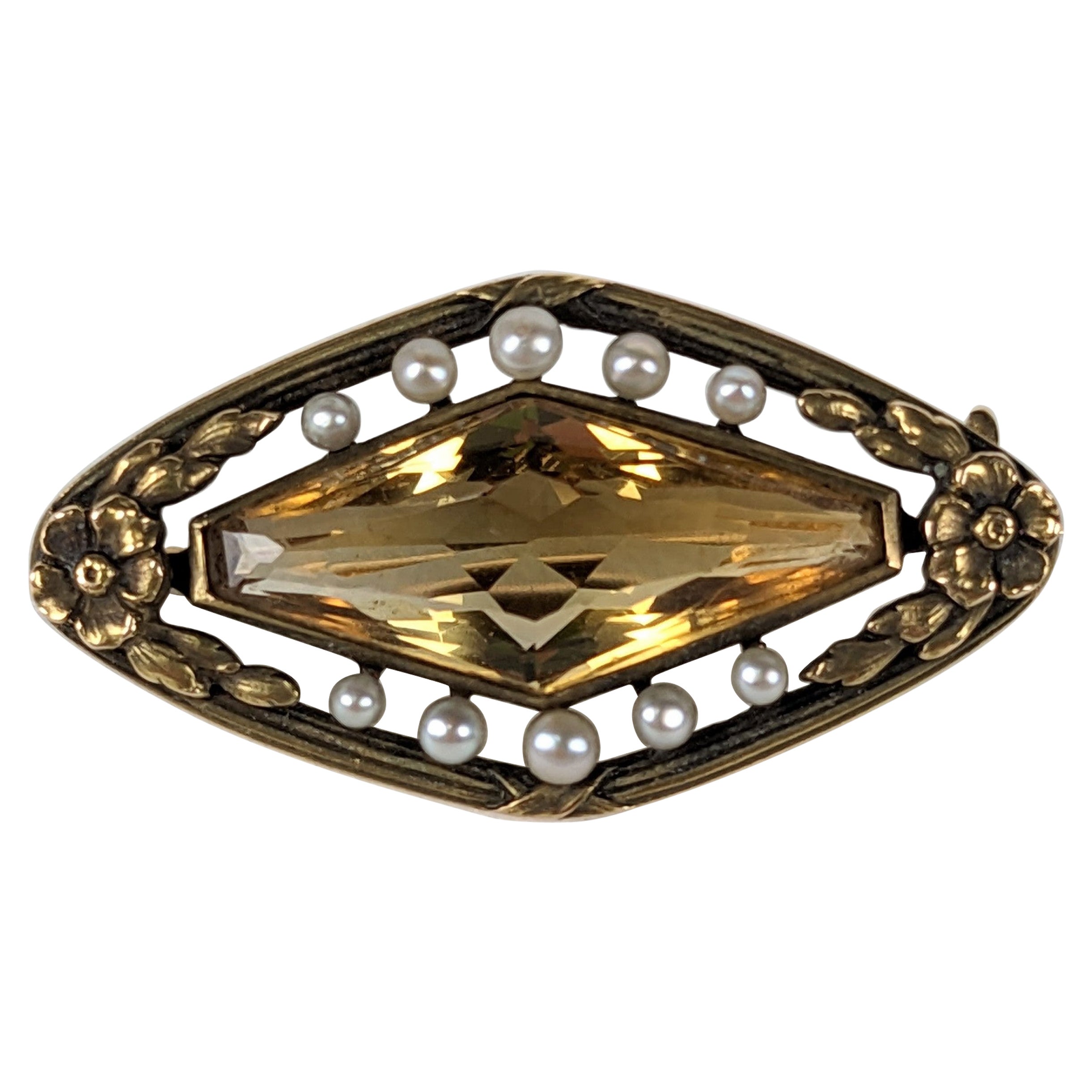 Edwardian Citrine, Pearl and Gold Brooch For Sale