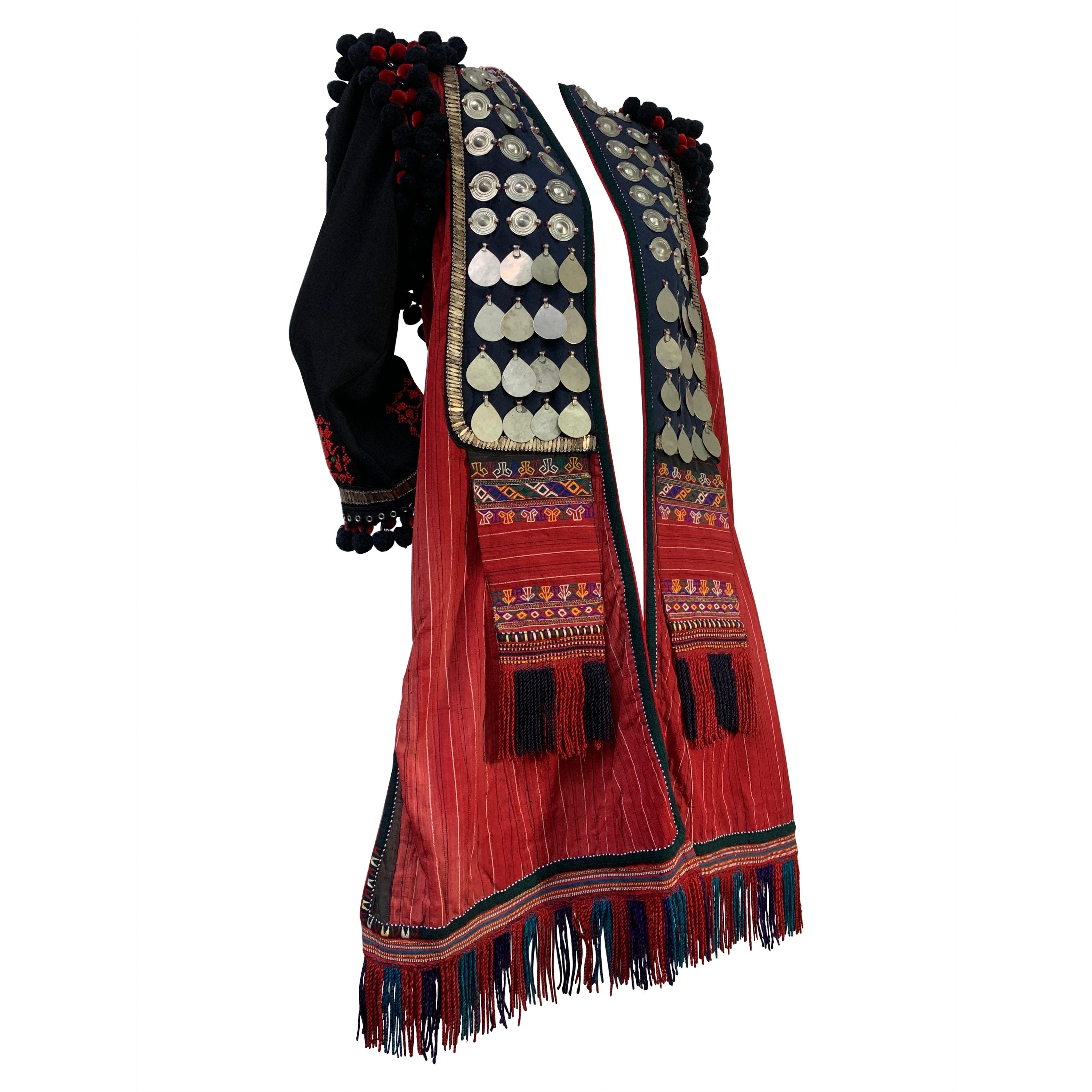 Torso Creations Folkloric Ceremonial Coat w Silver Medallions & PomPom Fringe For Sale