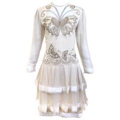 80s Zandra Rhodes off white silk dress with butterfly print