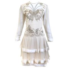 80s Zandra Rhodes off white silk dress with butterfly print 7