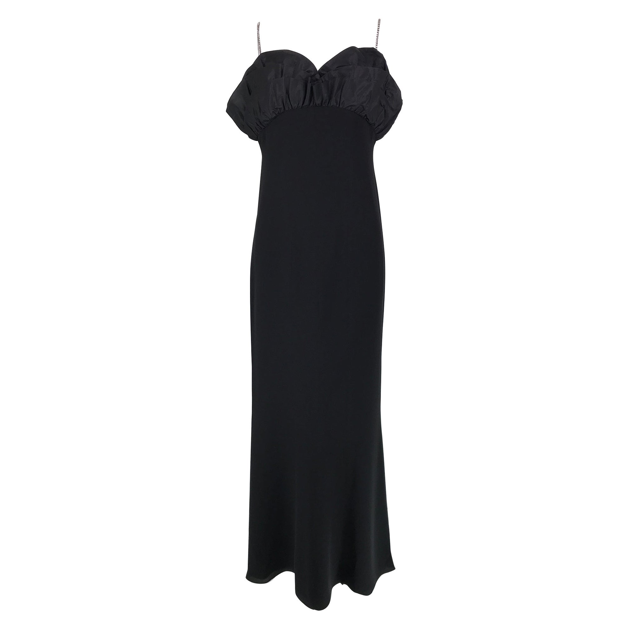 Escada Black Silk Rhinestone Strap Evening Dress with Ruffle Bodice  For Sale