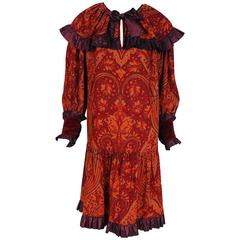 1976 Yves Saint Laurent Paisley Cotton Billow-Sleeve Bohemian Peasant Dress