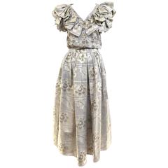 70s Oscar De La Renta grey and gold metallic linen 2 pcs