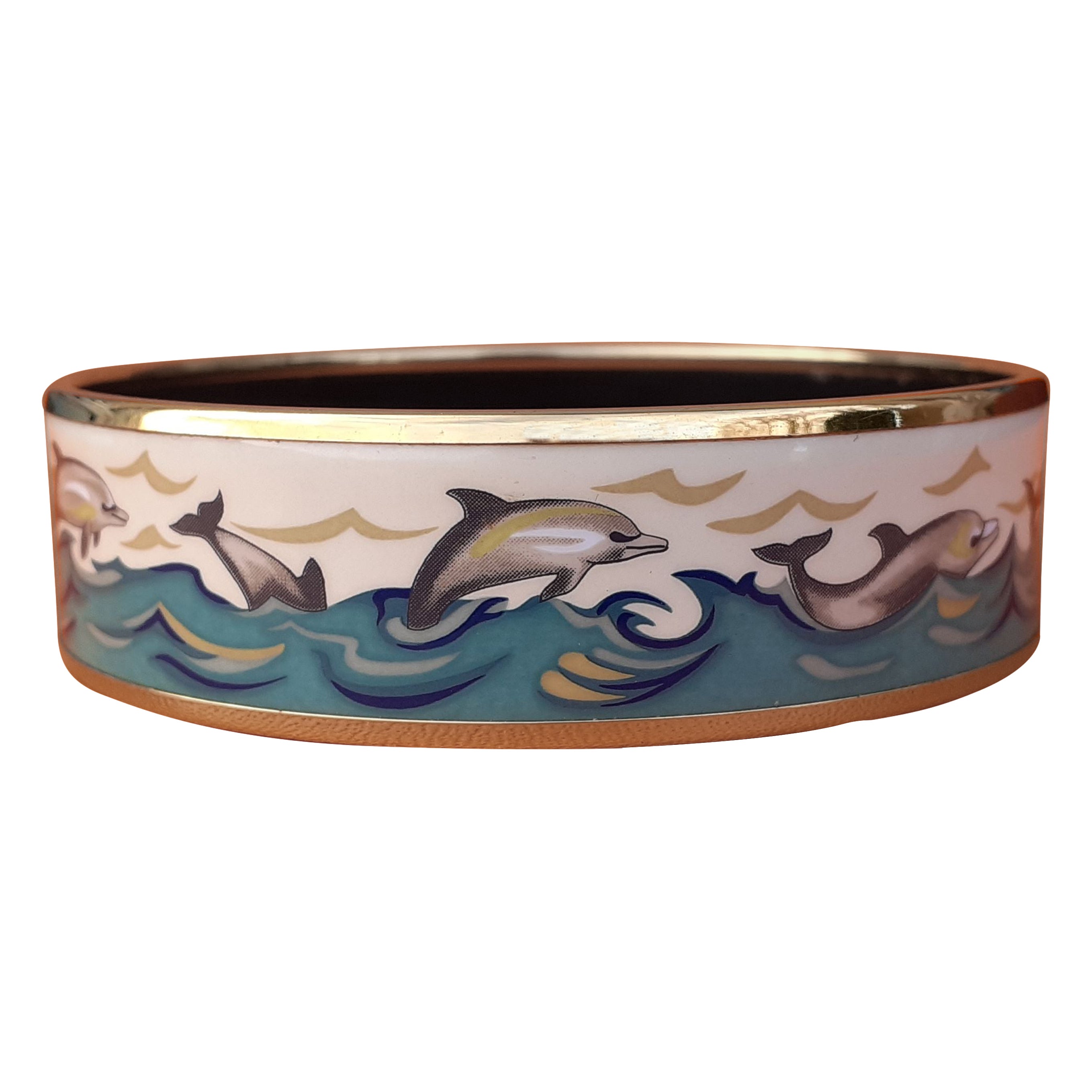 Hermès Enamel Printed Bracelet Dolphins in See Gold Hdw Size GM 70 RARE For Sale