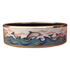 Vintage Hermès Enamel Printed Bracelet Dolphins in See Gold Hdw Size GM 70 RARE