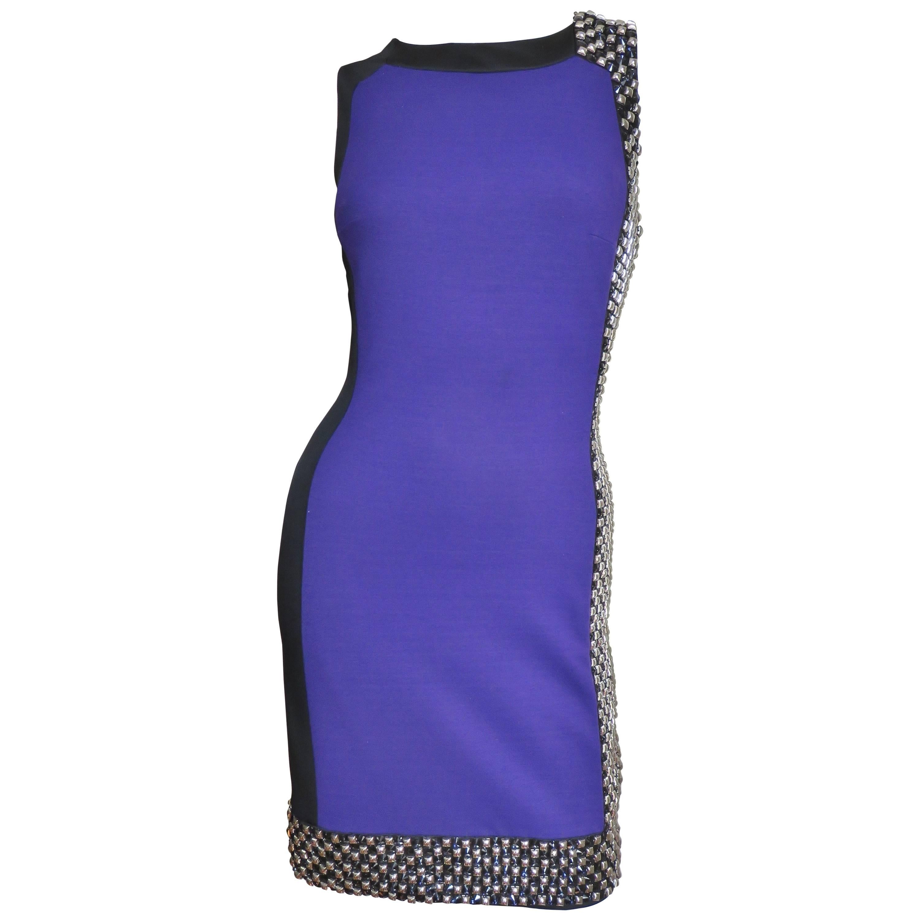 Versace Studded Color Block Silk Dress with Ruched Back