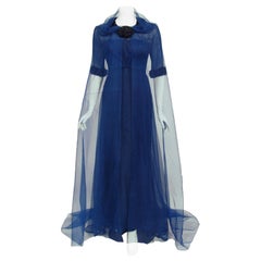 Vintage 1960s Madame Grès Haute Couture Blue Beaded Sheer Silk Trained Gown
