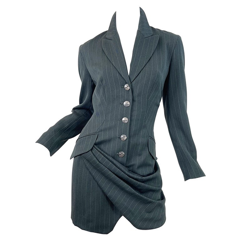1990s Byron Lars Size 4 / 6 Dark Green Pin Striped Avant Garde Vintage 90s Dress For Sale