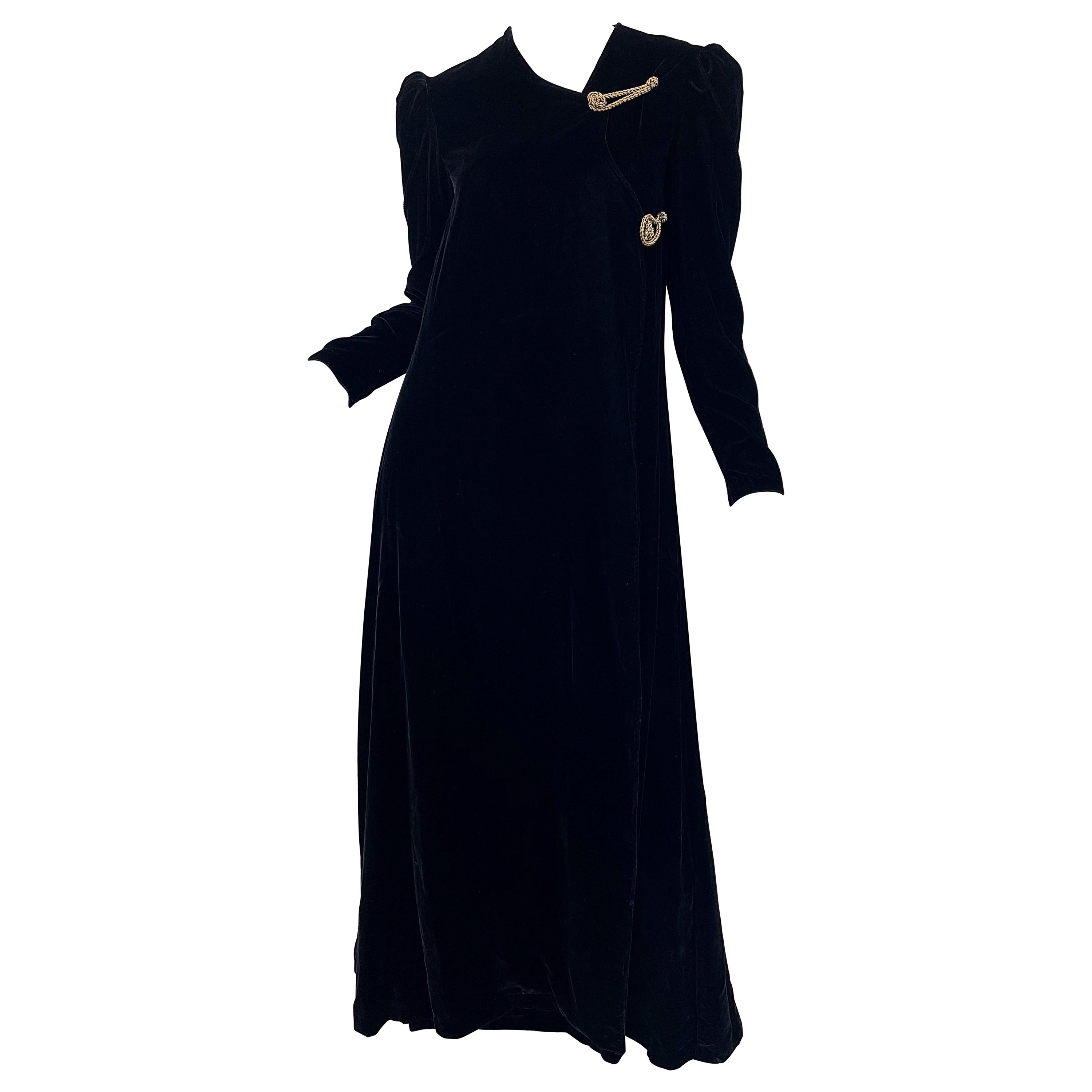 NWT 1980s Sabeth Row Saks 5th Avenue Black Silk Velvet Vintage Wrap Robe Dress For Sale