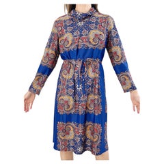 1970s Boho Chic Paisley Print Long Sleeve Mock Neck Vintage 70s Knit Dress