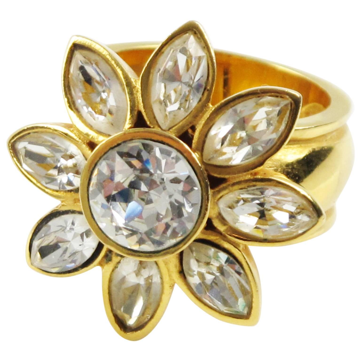 Yves Saint Laurent YSL Floral Cocktail Ring Clear Rhinestone size 7.75