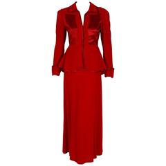 1970's Ossie Clark Red Moss-Crepe & Satin Deco Peplum Jacket Dress Ensemble 3