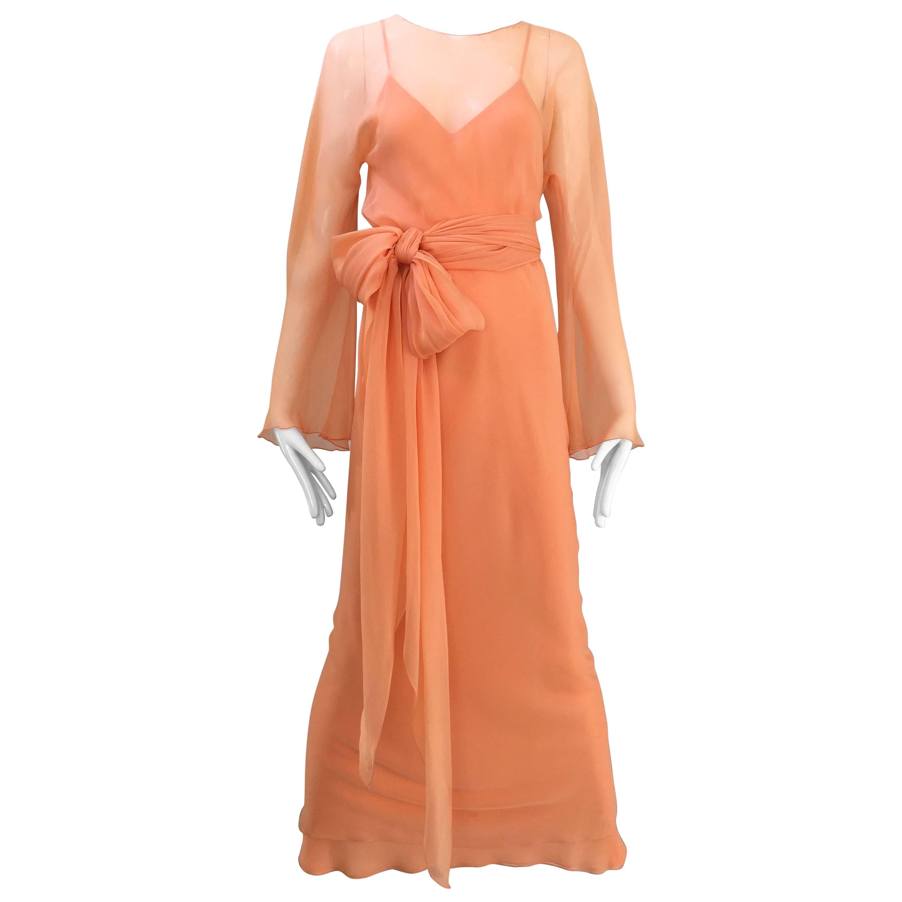 Halston tangerine silk chiffon gown, 1970s 