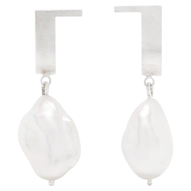 Freshwater Pearl Sterling Silver Curve Earrings For Sale