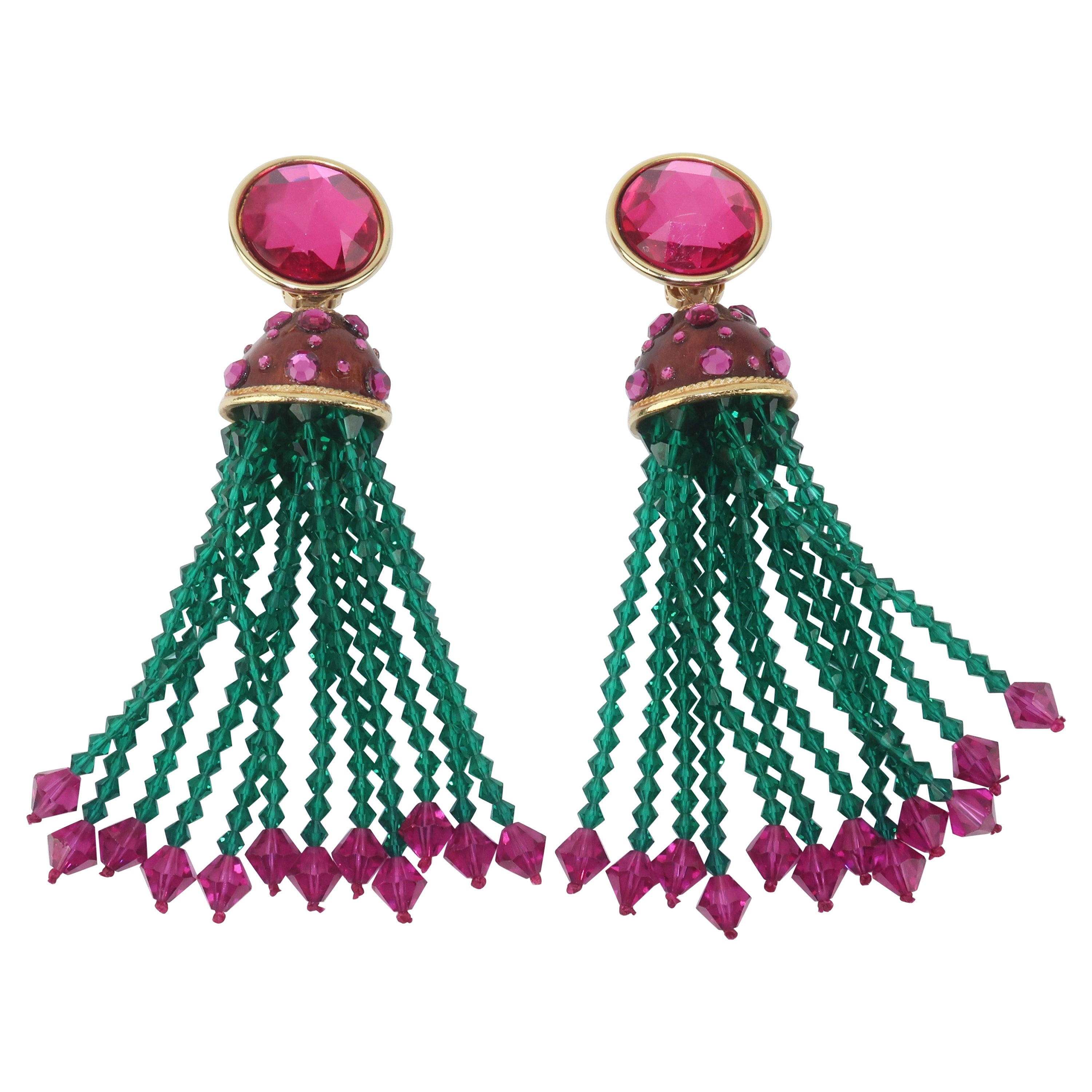 Pink & Green Beaded Tassel Earrings, 1980’s