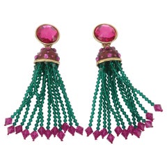 Vintage Pink & Green Beaded Tassel Earrings, 1980’s