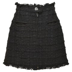 CHANEL Black Tweed Skirt Zipper Buttons Pockets Mini Fringe Sz 42 2011 11A