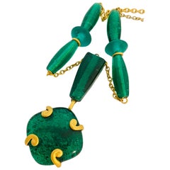 Vtg LIZ CLAIBORNE gold emerald green byzantine glass necklace designer runway