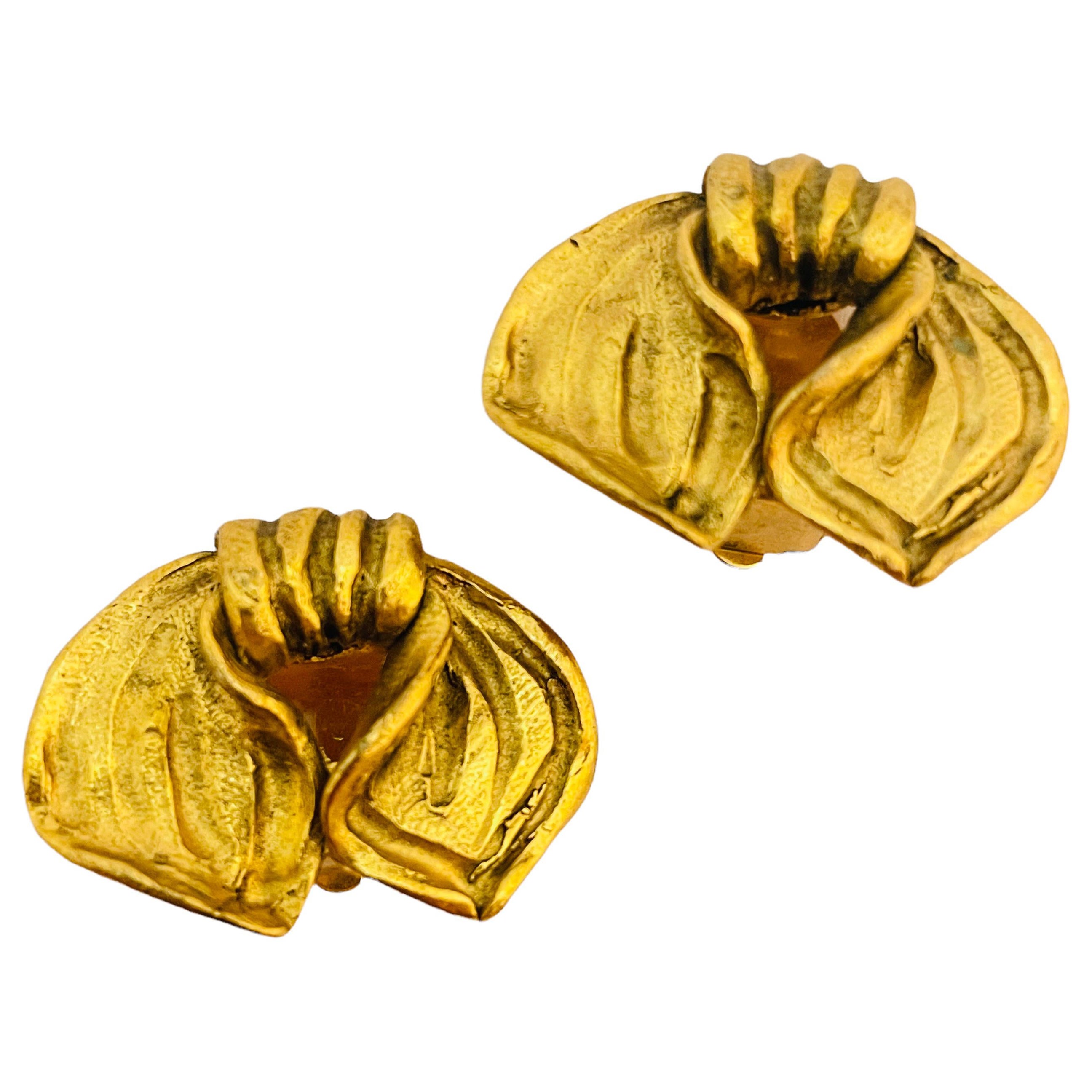 Vtg PATRICIA DELORME PARIS gold bow clip on earrings designer runway For Sale