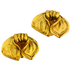 Vtg PATRICIA DELORME PARIS gold bow clip on earrings designer runway